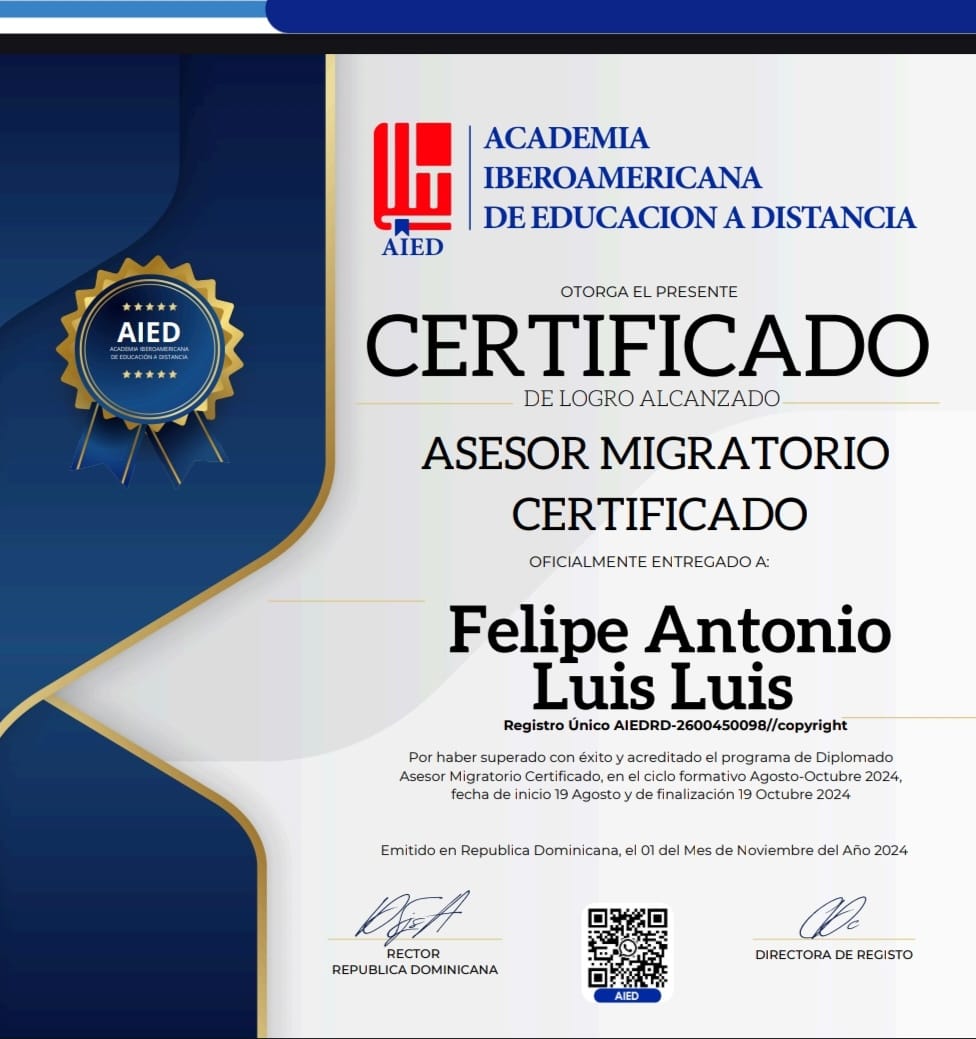 Certificado de Asesor Migratorio de Felipe Antonio Luis Luis